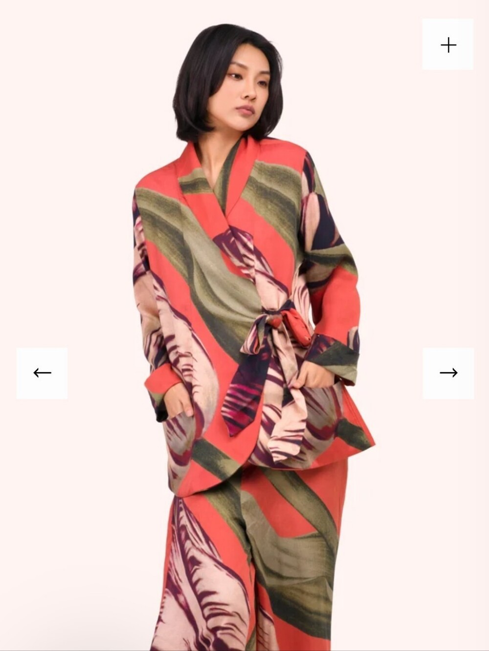 Powder Coral Floral Wrap Robe Jacket with Self-Tie Belt
